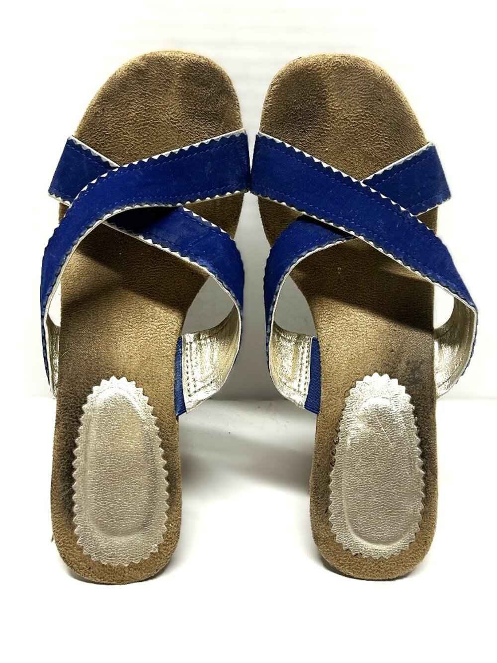 Avon cork heels with blue cross straps in size 8